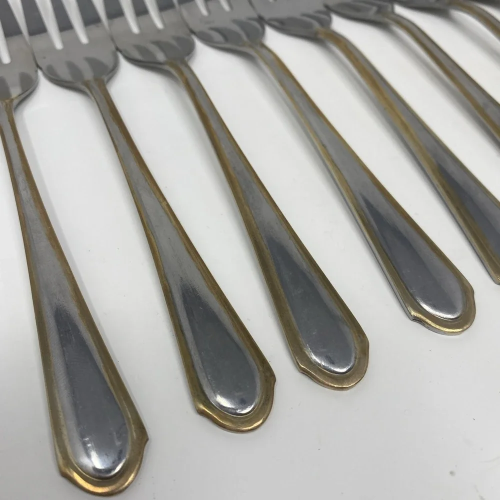 Set of 12 Hampton Silversmiths HSV198 Stainless Cocktail Seafood Forks Gold Trim
